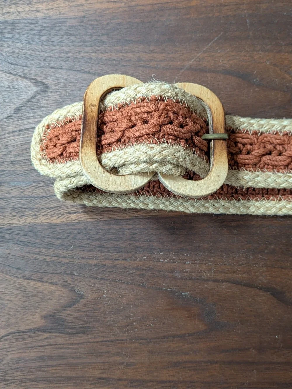 Bohemian Woven Belt With Wooden Buckle Tan Cream Color